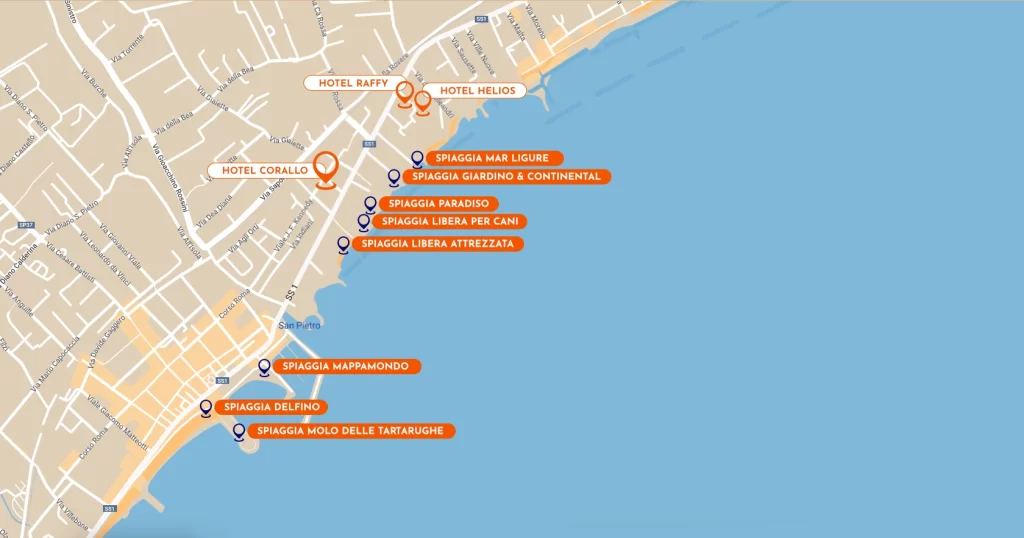 Mappa della costa con indicazione di stabilimenti balneari e luoghi di interesse.