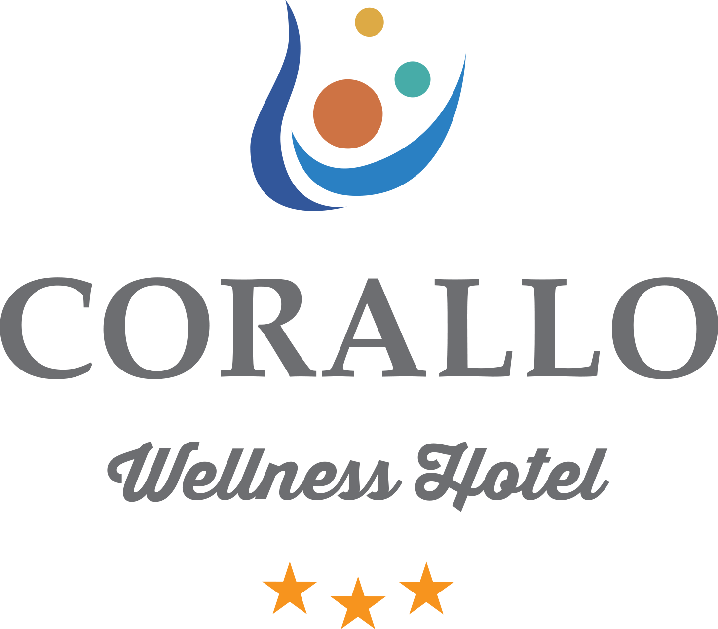 Logo del Corallo Wellness Hotel con simboli colorati e tre stelle.